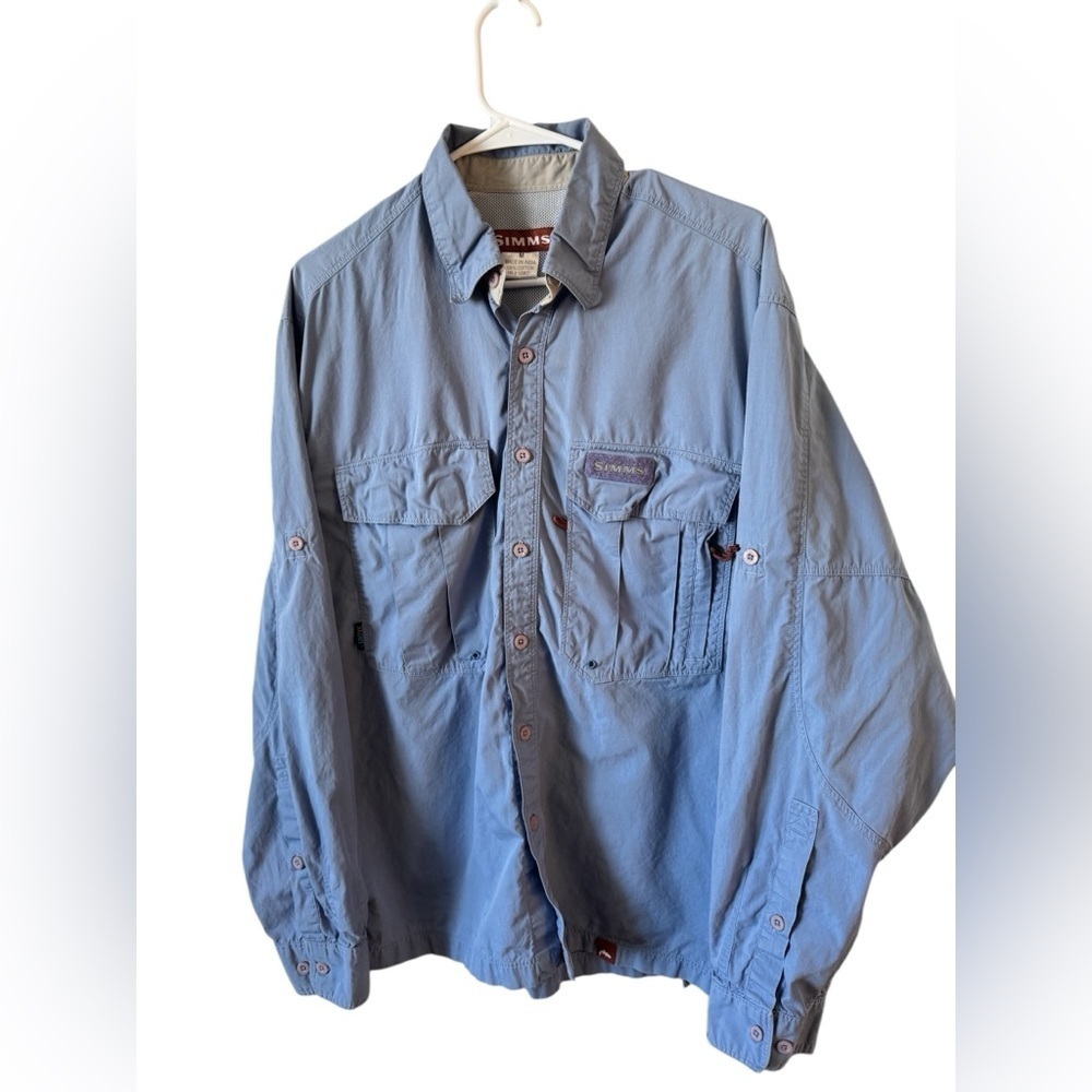 Simms Long sleeve Vented Guide Fishing Shirt Button Front Zip Pockets Blue M